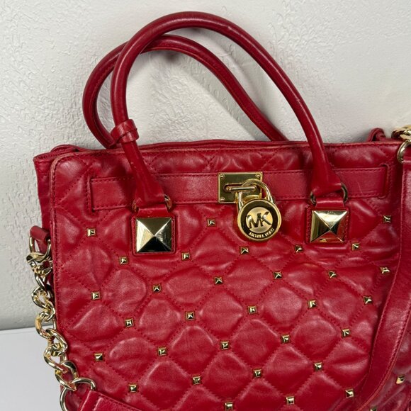 Michael Kors Hamilton Large Studded North South Tote Red Leather Gold Hardware - Picture 2 of 13